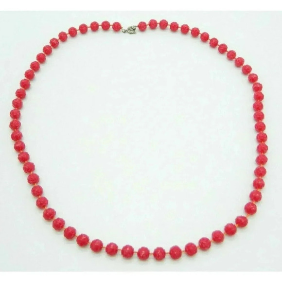 Vintage Jewelry - Faux Pink Celluloid Flower Bead Beaded Gold Tone Vintage Choker Necklace